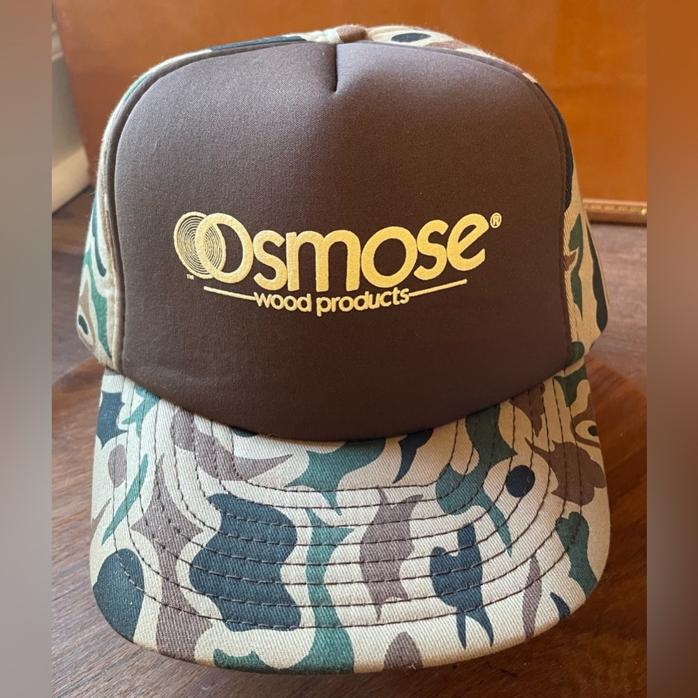 San Sun Vintage Camo foam trucker hat SnapBack Osmose Wood brown tan green